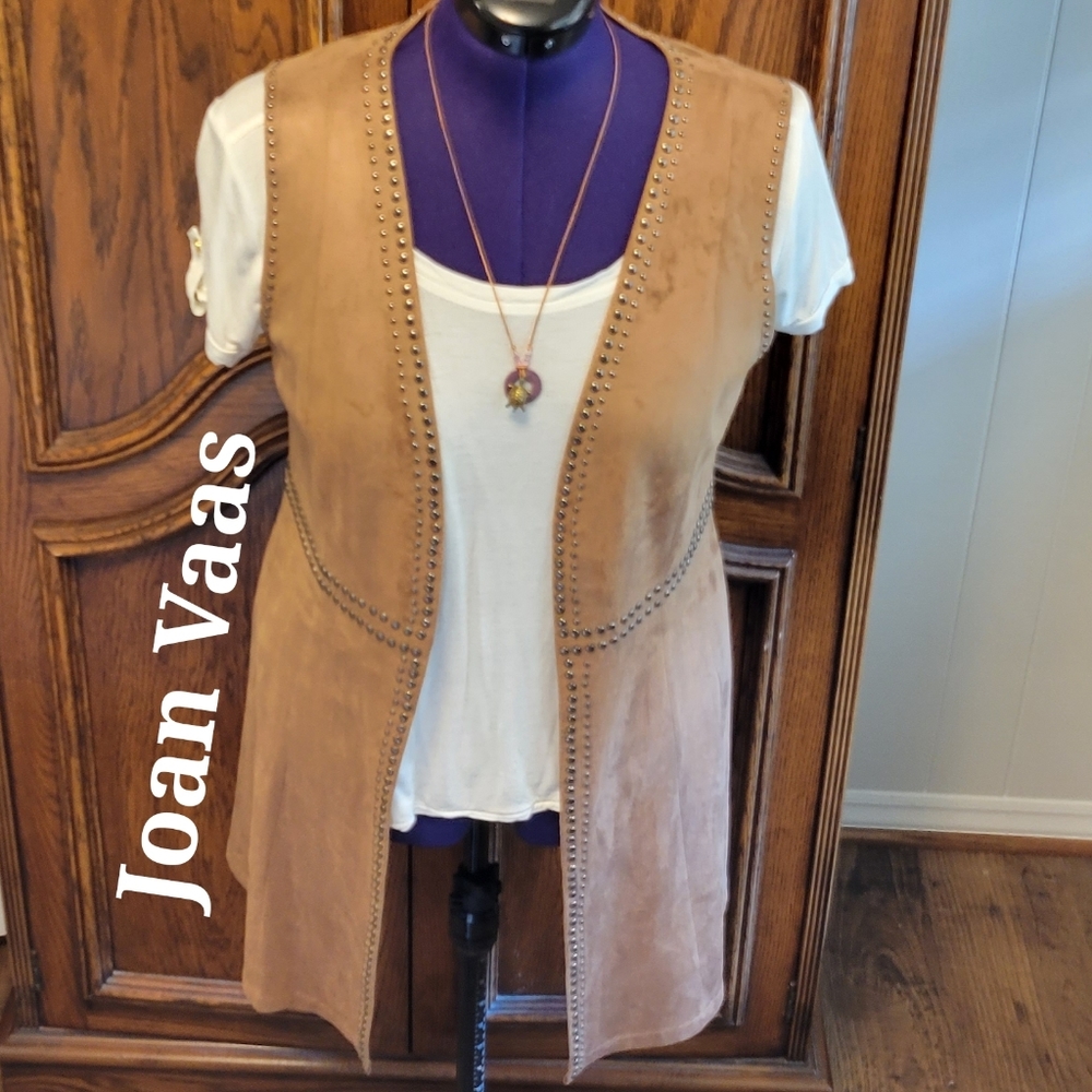 Joan Vass beautiful sleeveless suede long brown studded duster vest sz: M NWOT
